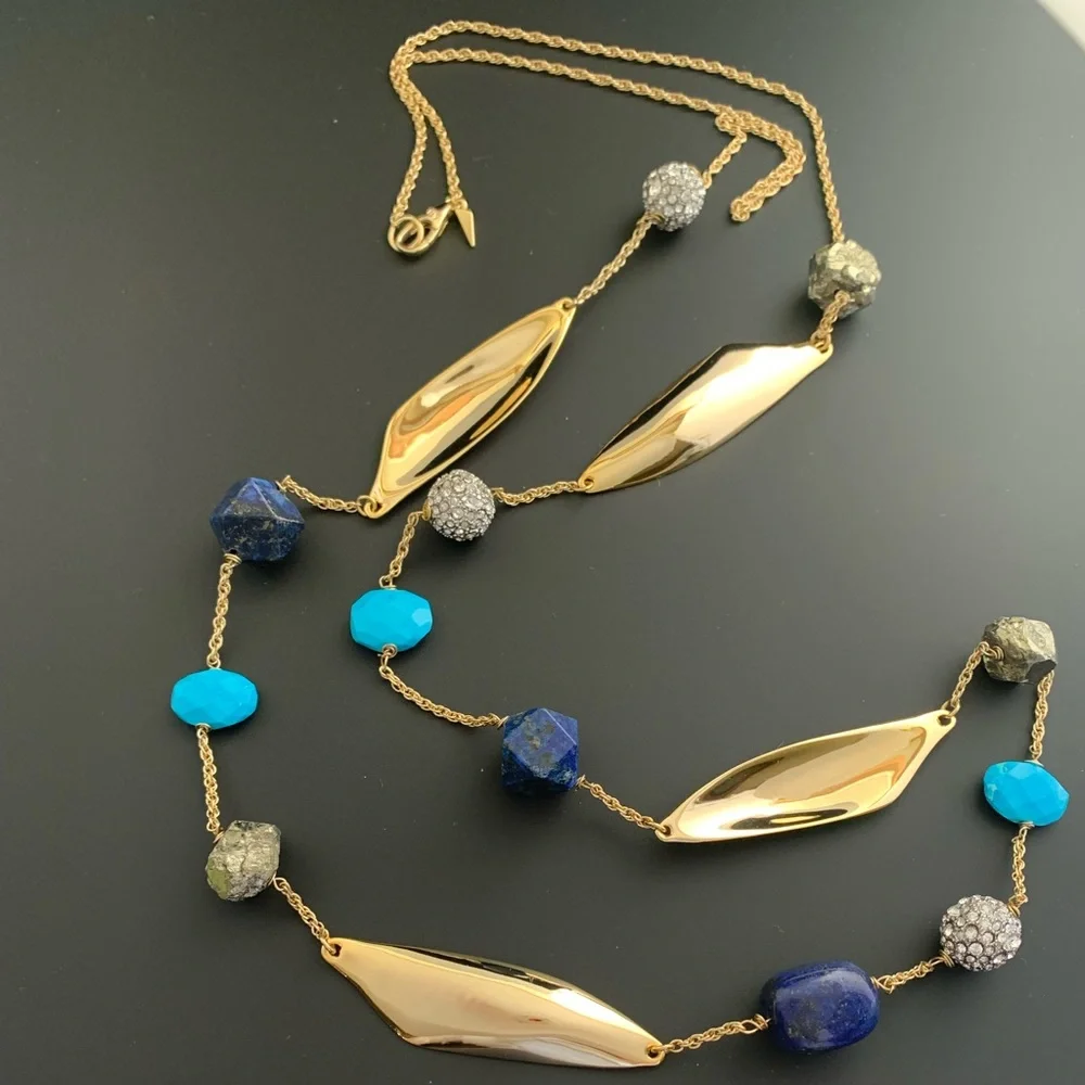 ALEXIS BITTAR NEW Gold Long Lapis Turquoise Pyrite Bead Chain  Gemstone Necklace